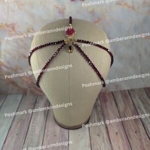 Elegant Burgundy Red & Gold Crystal Beaded Hair Accessory